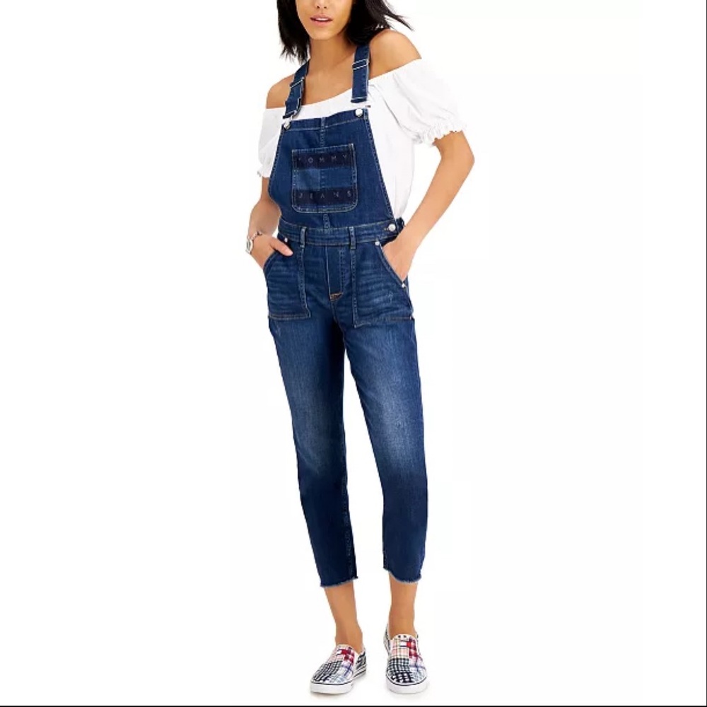 New Tommy Hilfiger Cropped Bleach Logo Overalls